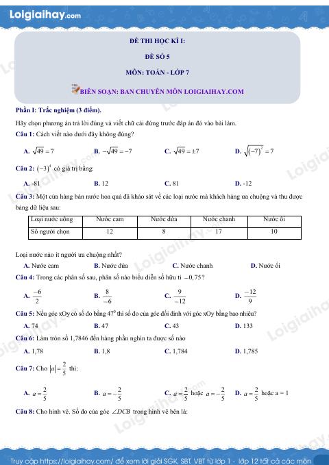 Đề thi học kì 1 Toán 7 - Đề số 5 - Chân trời sáng tạo